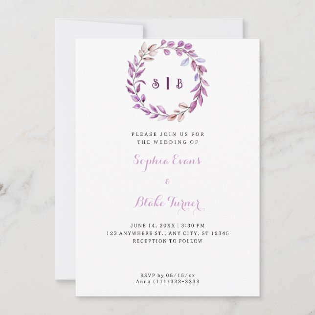 Invitation Feuilles violets Monogramme Mariage blanc de couro (Devant)