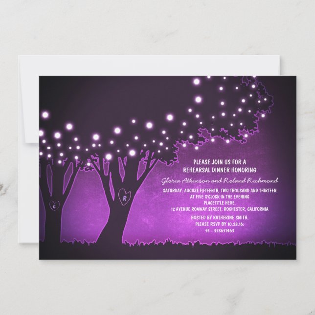 Invitation Feux à cordes arbre rustique violet dîner de répét (Devant)