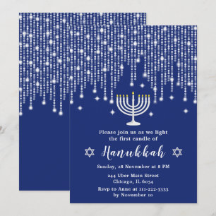 Invitation Feux à cordes bleu et argent Hanoukka Party