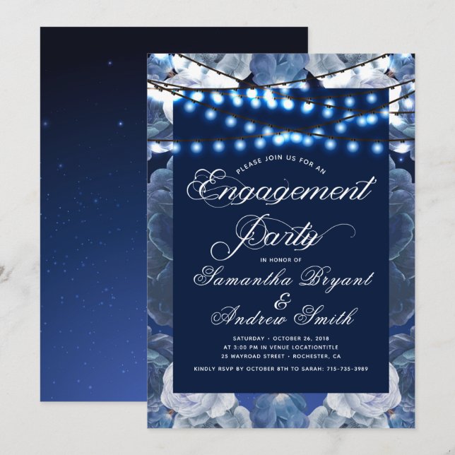 Invitation Feux à cordes Fiançailles élégant bleu (Devant / Derrière)