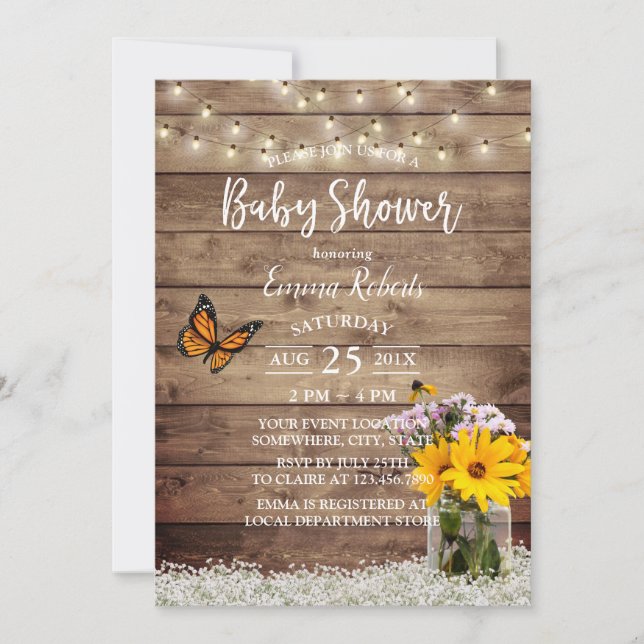 Invitation Feux à cordes rustiques Baby shower floral (Devant)