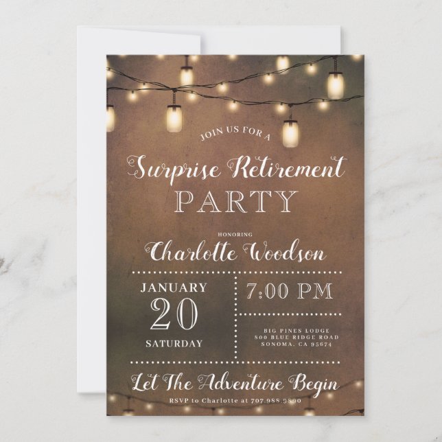Invitation Feux à cordes rustiques Parti de retraite surprise (Devant)