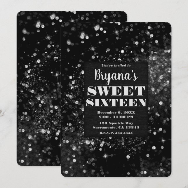 Invitation Feux brillant d'argent noir glam Sweet 16 Party (Devant / Derrière)