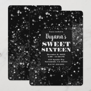 Invitation Feux brillant d'argent noir glam Sweet 16 Party