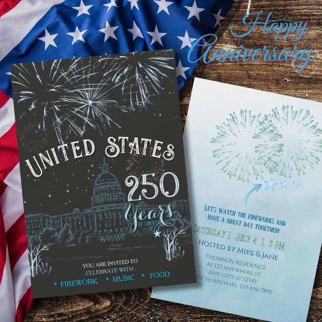 Invitation Feux d'Artifice Bleu Classique US 250 A (Classic Blue US 250 Years Fireworks Invitation)