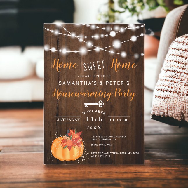 Invitation Feux de lumière rustique citrouille à fleurs (Rustic lights floral pumpkin housewarming party invitation)