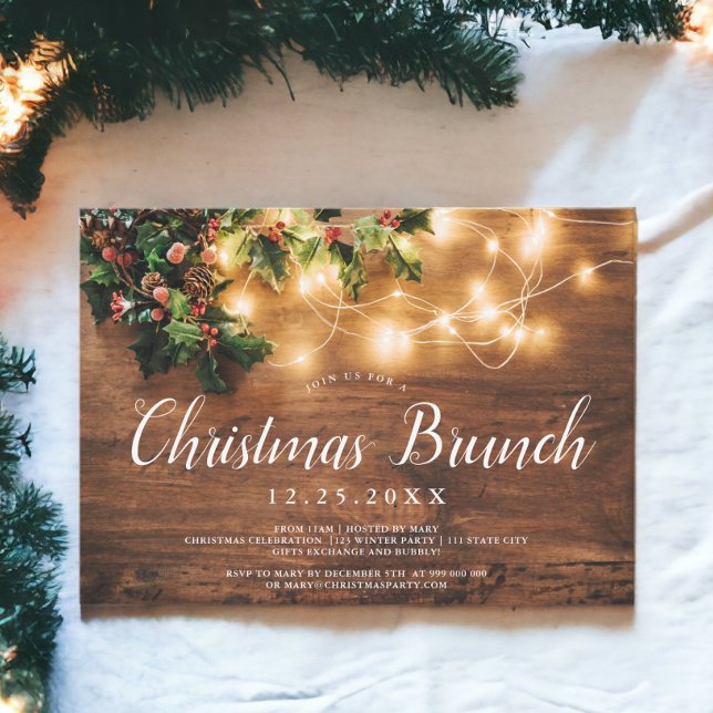 Invitation Feux de Noël brun de bois rustique (Rustic wood brown country lights Christmas brunch Invitation)