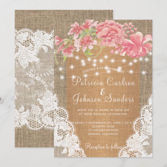 Invitation Feux de pivoine rose burlap et mariage de dentelle (Devant / Derrière)