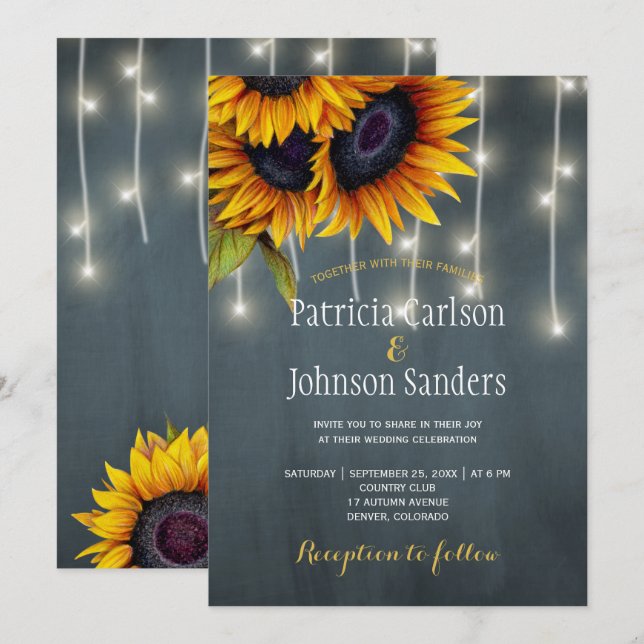 Invitation Feux rustiques tournesol marine mariage de tableau (Devant / Derrière)