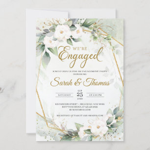 Invitation Fiançailles à cadre or à roses blanches eucalyptus