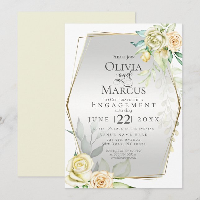 Invitation FIANÇAILLES | Aquarelle Ivoire Jaune Blush Roses (Devant / Derrière)