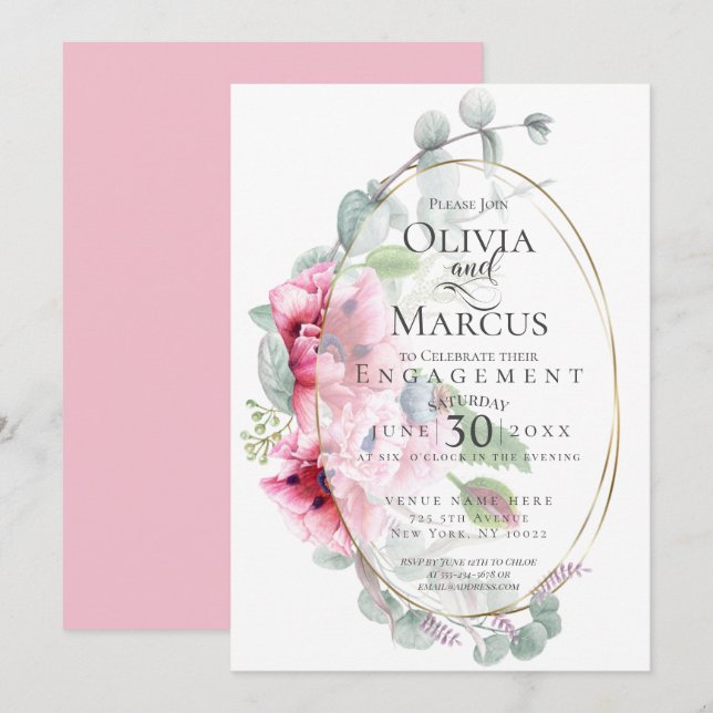 Invitation FIANÇAILLES | Aquarelle Pink Popptus Eucalyptus (Devant / Derrière)