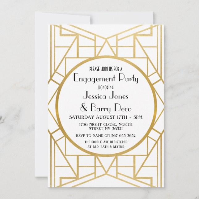 invitation Fiançailles Art Déco Gatsby Gold des an (Devant)