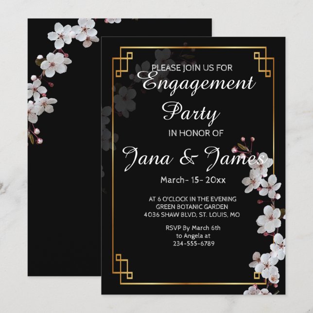 Invitation fiançailles blanc cerise et cadre doré (Devant / Derrière)