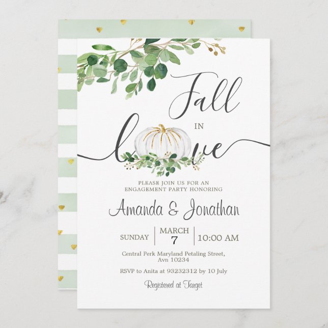 Invitation Fiançailles blanc Citrouille vert fleuri fête (Devant / Derrière)