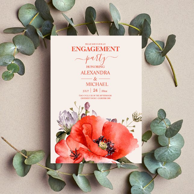 Invitation Fiançailles Boho Neutral Aquarelle Poppies (Créateur téléchargé)