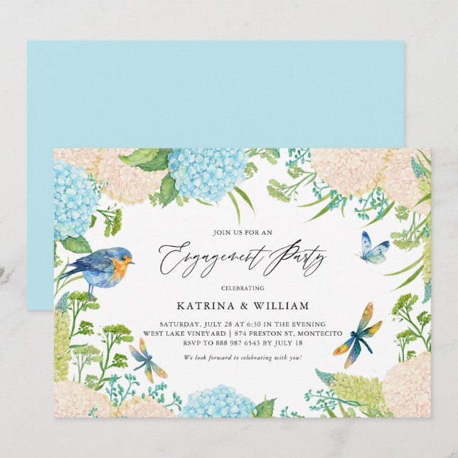 Invitation Fiançailles botanique bleu et blanc Hydrangeas (Devant / Derrière)