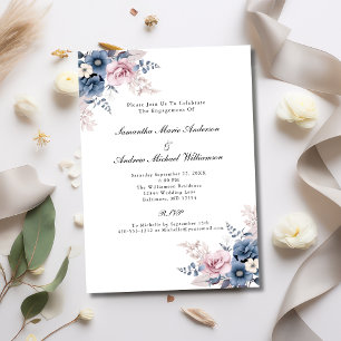 Invitation Fiançailles botanique bleu pâle rose rose
