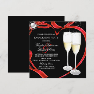 Invitation Fiançailles Champagne & Cœur Noir Argent Rouge