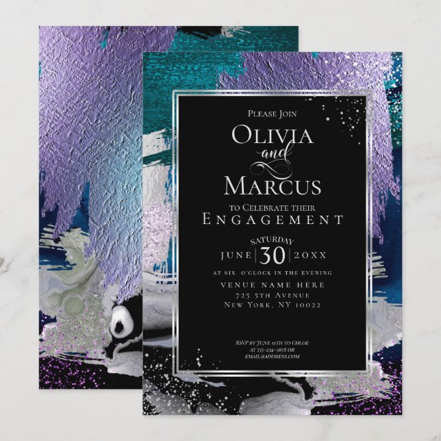 Invitation FIANÇAILLES | Chic Bold Orchid Aqua Metallic (Devant / Derrière)