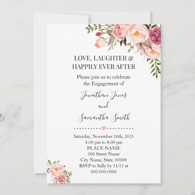 Invitation Fiançailles chic chic boho rose romantique (Devant)