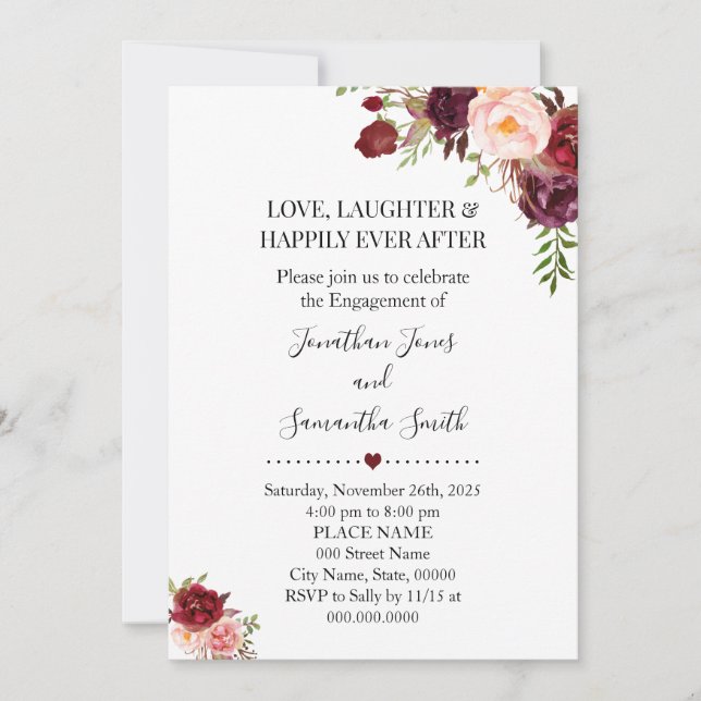 Invitation fiançailles chic romantique marsala flor (Devant)