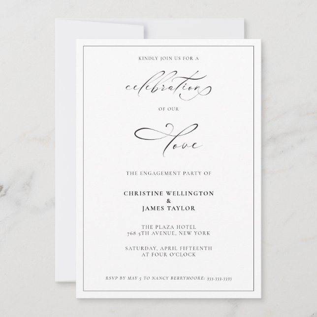Invitation Fiançailles classique de calligraphie noir blanc (Devant)