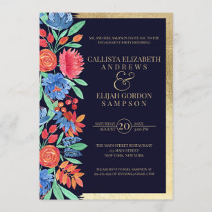 Invitation Fiançailles d'aquarelle couleur or bleu corail
