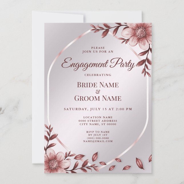 Invitation Fiançailles de cadre Floral Rose (Devant)