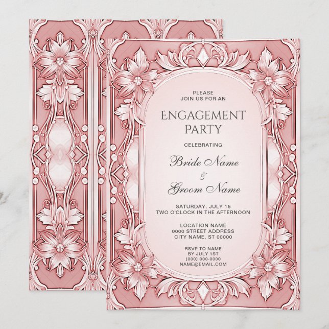 Invitation Fiançailles de cadre Floral Rose (Devant / Derrière)