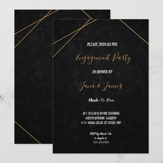 Invitation Fiançailles de cadre géométrique noir et or chic (Devant / Derrière)