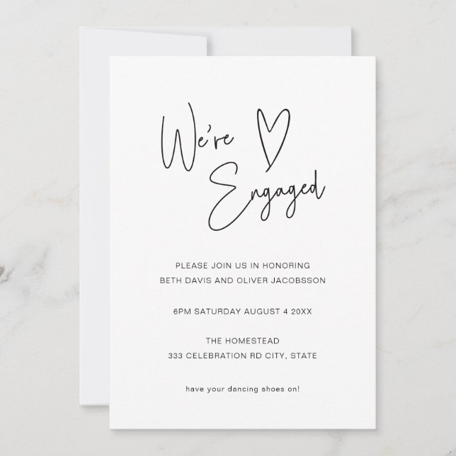 Invitation Fiançailles de coeur de script moderne  (Devant)