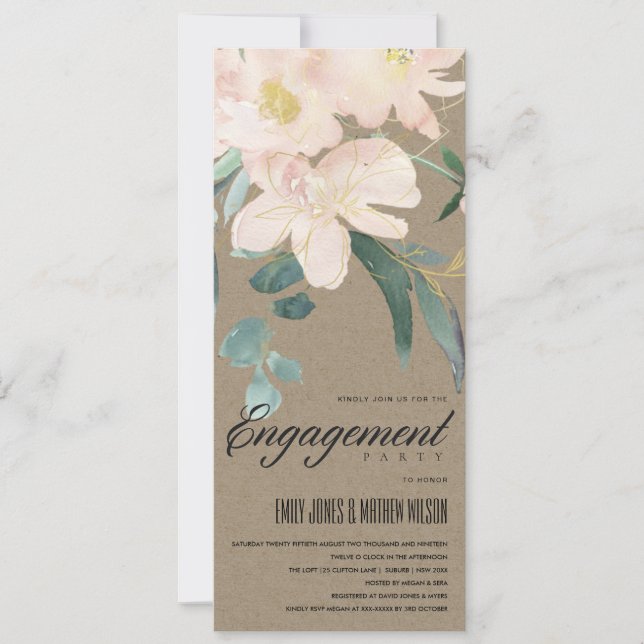 Invitation Fiançailles DE COULEUR D'EAU FLORALE DE KRAFT BLEU (Devant)