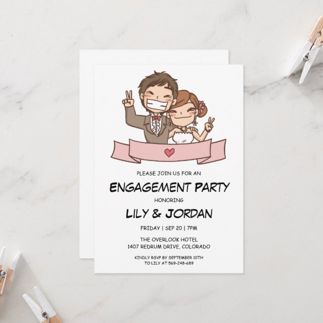 Invitation Fiançailles de dessin animé de deux mariages de de (Devant/Arrière en situation)