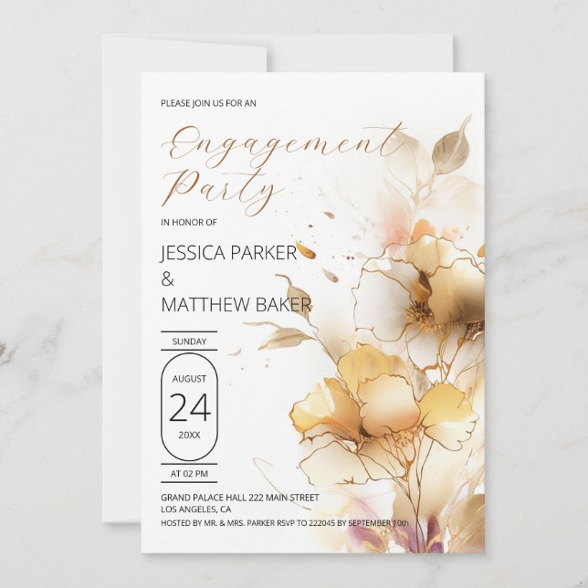 Invitation Fiançailles de fleurs blanches et dorée (Devant)