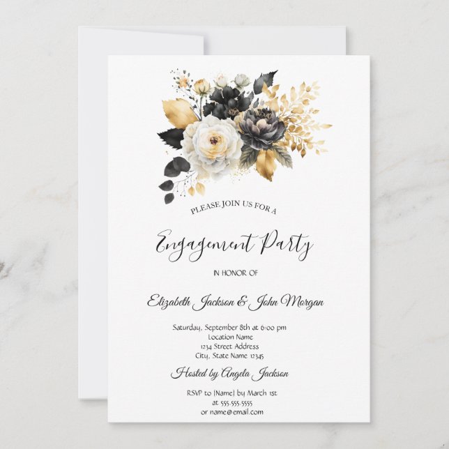 Invitation Fiançailles de fleurs blanches noires d'or (Devant)