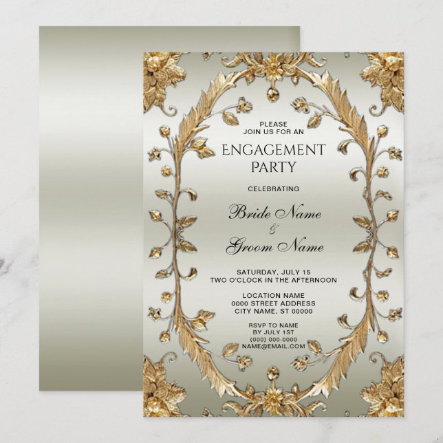 Invitation Fiançailles de fleurs ornées d'or (Devant / Derrière)