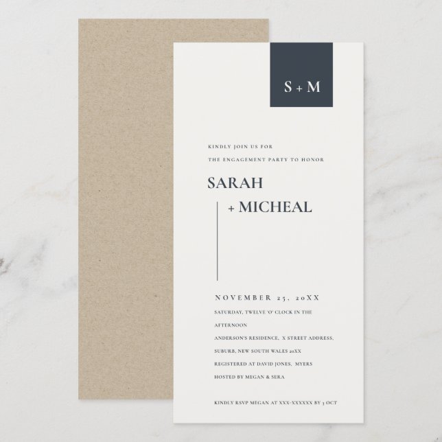 INVITATION FIANÇAILLES DE MONOGRAMME BLANC ET NOIR (Devant / Derrière)