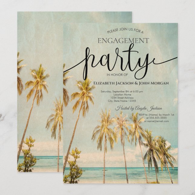 Invitation Fiançailles de palmiers de plage Retro (Devant / Derrière)
