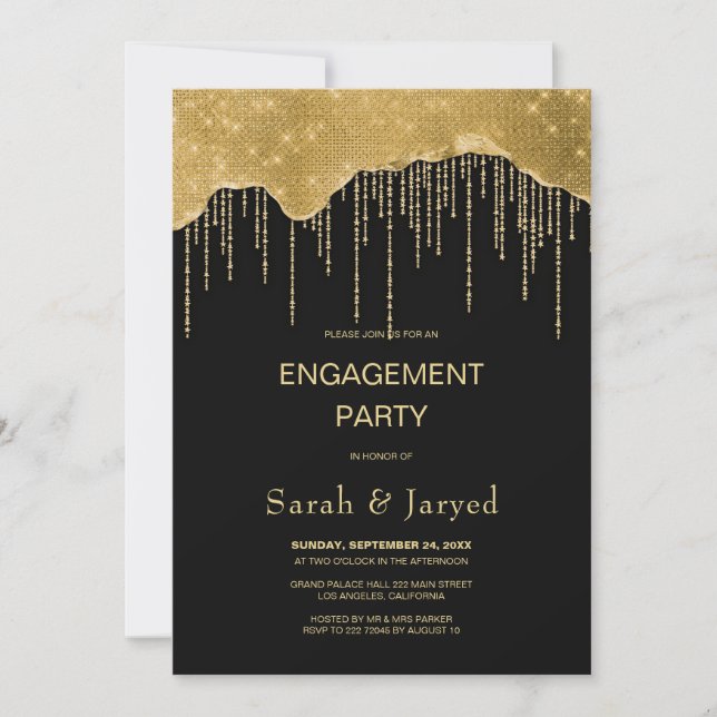 Invitation Fiançailles de Parties scintillant Gold Drip (Devant)