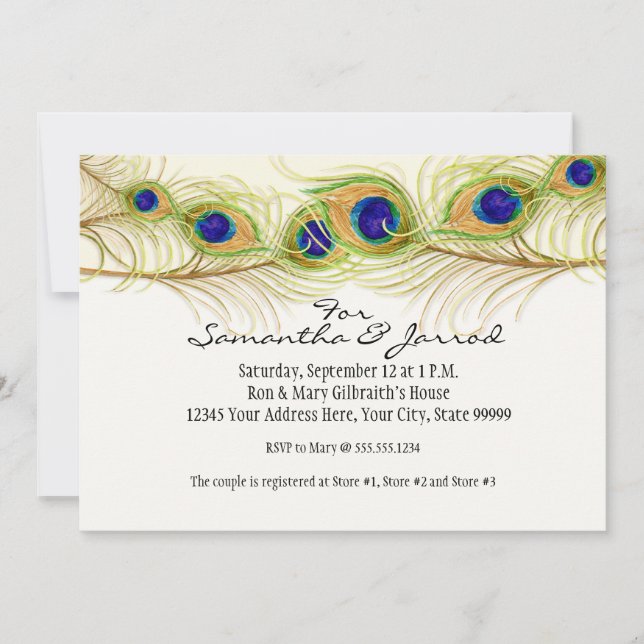 Invitation Fiançailles de plumes de Peacock de Swirl moderne  (Devant)