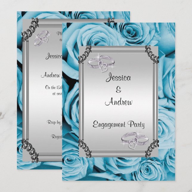 Invitation Fiançailles des anneaux de Mariage bleu et diamant (Devant / Derrière)