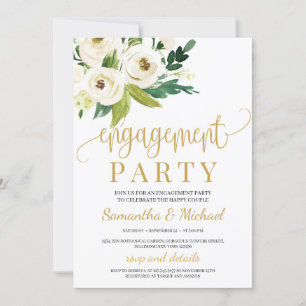 Invitation fiançailles d'or fleuri aux roses blanches