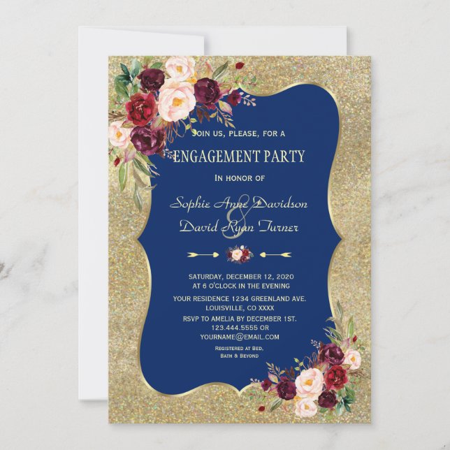 Invitation Fiançailles d'or Floral Blush de la Royal Navy (Devant)