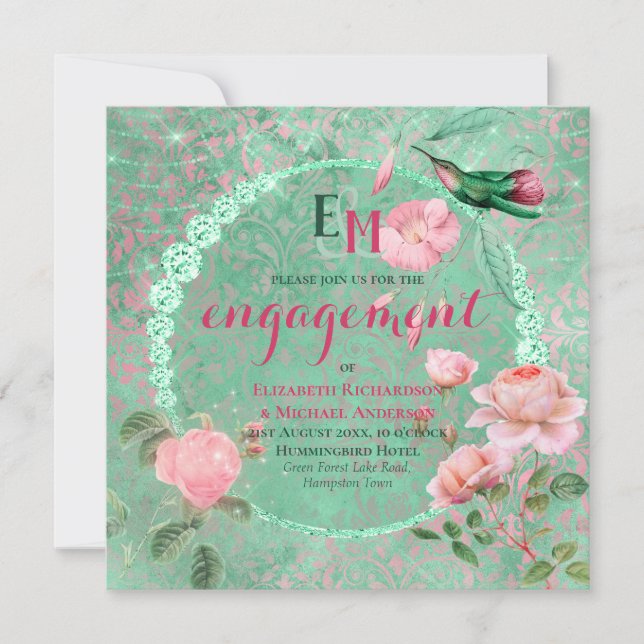 Invitation Fiançailles d'ornement de la menthe verte rose or  (Devant)