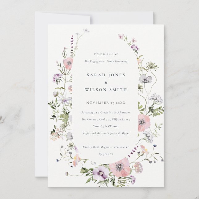 Invitation Fiançailles Fleur sauvage rose pâle (Devant)