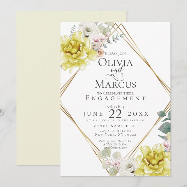 Invitation FIANÇAILLES | Fleurs d'aquarelle jaune soleil (Devant / Derrière)