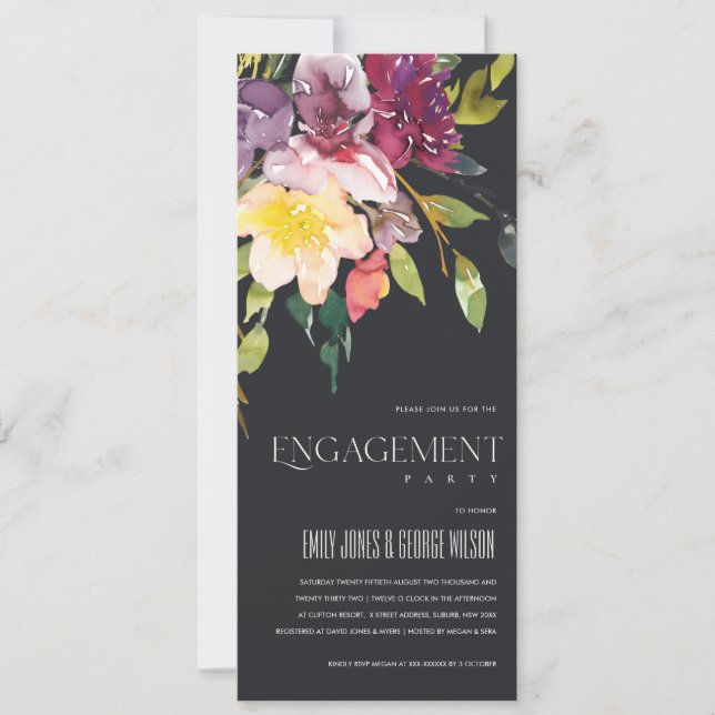 INVITATION FIANÇAILLES FLORAL BLACK JAUNE BLEU BURGUNDY (Devant)