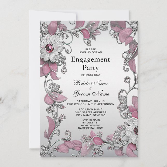 Invitation Fiançailles floral blanc argenté rose (Devant)