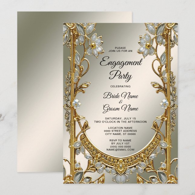 Invitation Fiançailles Floral Blanc Orné Or (Devant / Derrière)